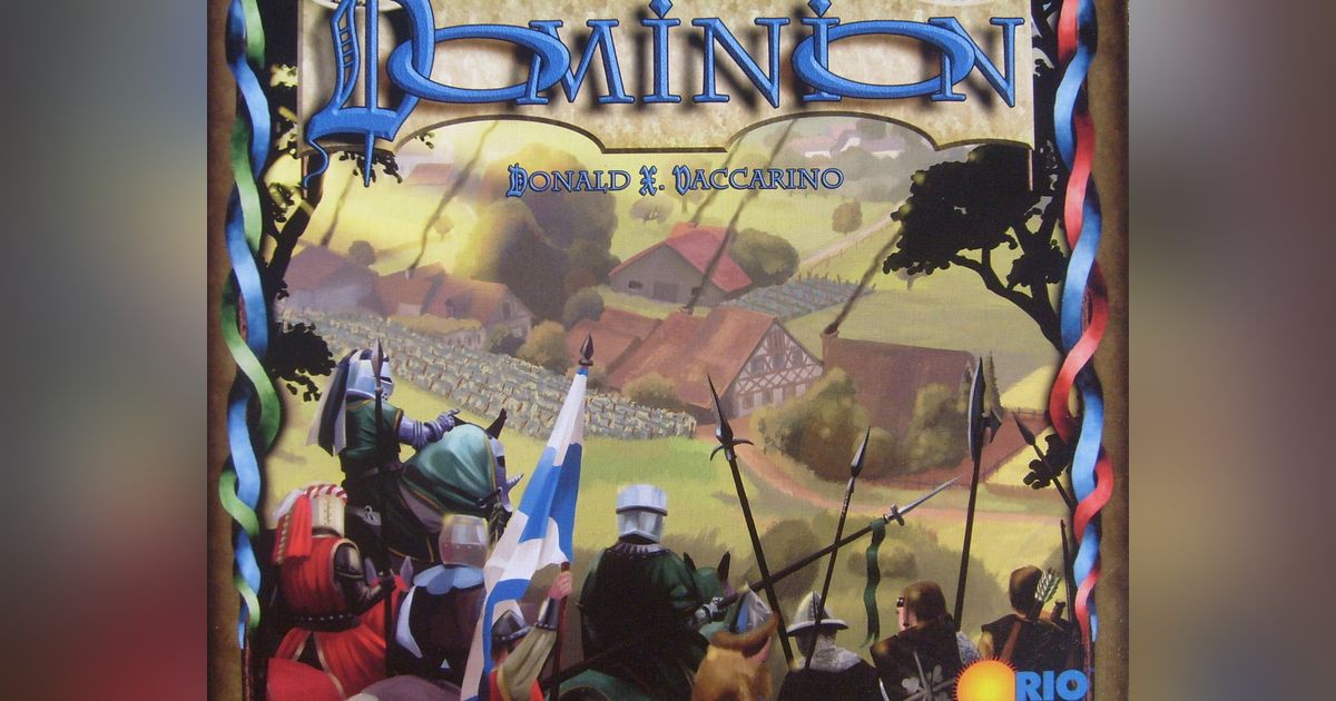 Box art for Dominion, the original deck-building card game, showing a medieval castle illustration.